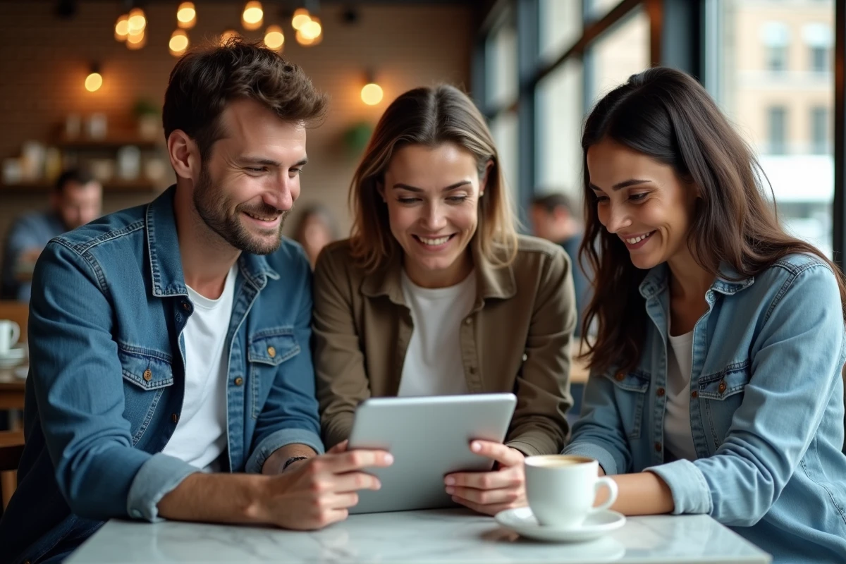 Groupe d'adultes découvrant les résultats d'un test de QI en ligne ensemble dans un café moderne