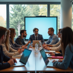 Groupe d'apprenants divers en classe moderne avec écrans interactifs