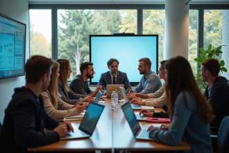 Groupe d'apprenants divers en classe moderne avec écrans interactifs