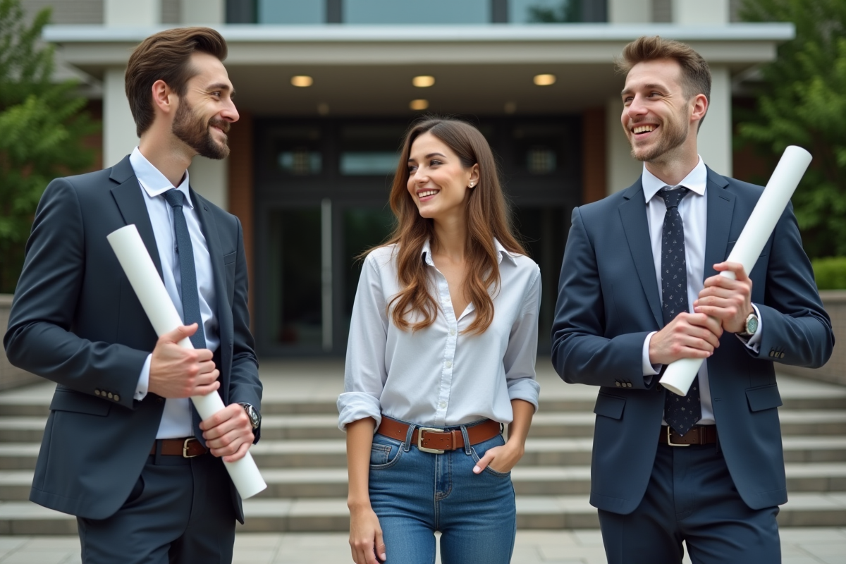Groupe de jeunes diplômés heureux devant un centre de formation