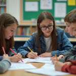Groupe d'élèves de lycée travaillant en groupe en classe