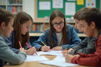 Groupe d'élèves de lycée travaillant en groupe en classe