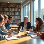 Groupe de personnes discutant dans une bibliothèque moderne