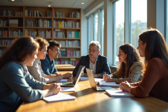 Groupe de personnes discutant dans une bibliothèque moderne