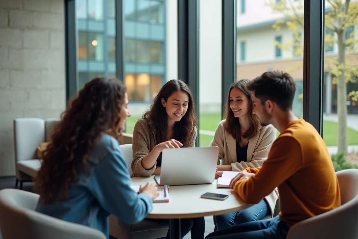 Groupe d'étudiants configurant ensemble un compte Alcuin ESME sur un campus universitaire moderne