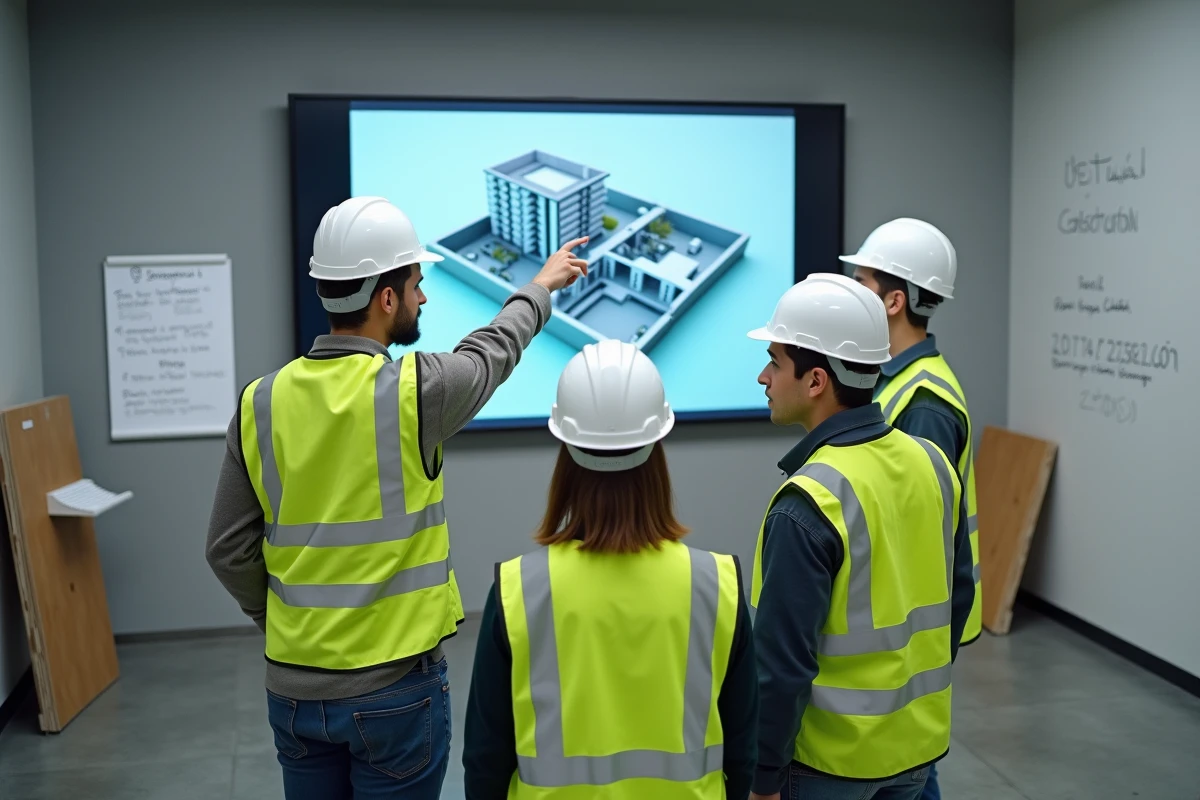 Groupe d'étudiants débutants en formation BTP analysant des plans 3D dans un centre de formation moderne