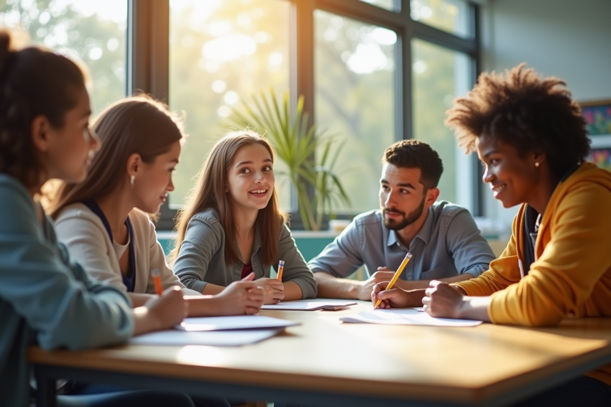 Groupe d'étudiants divers dans une salle lumineuse
