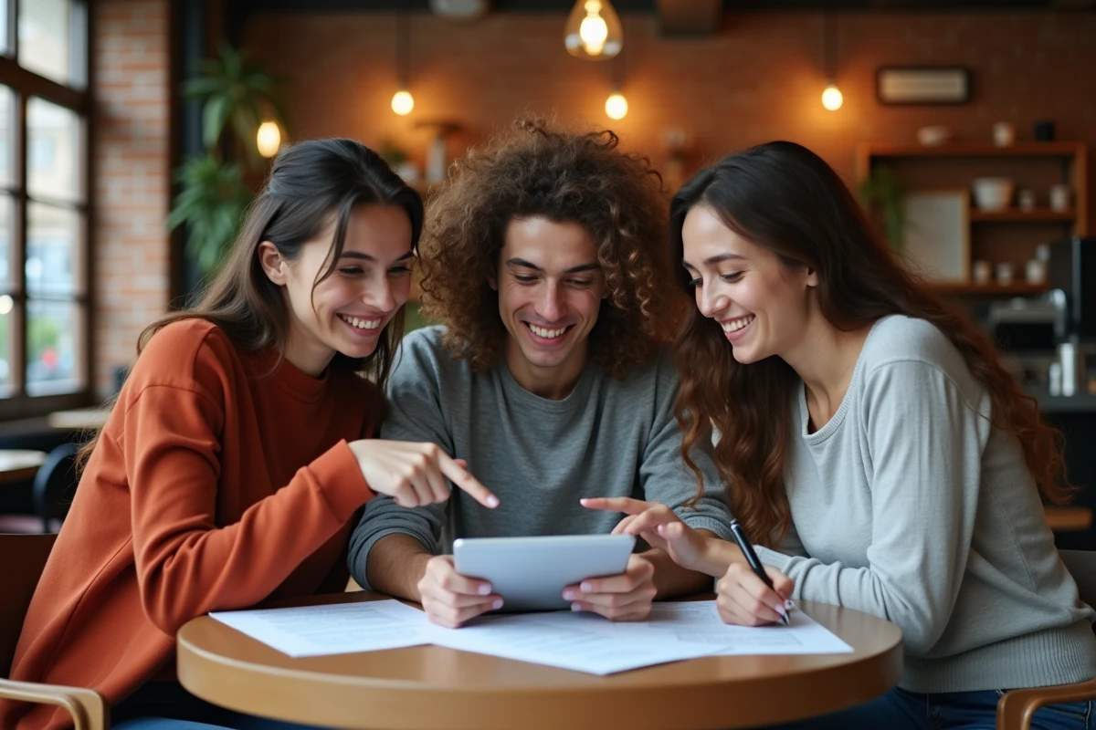 Groupe d'étudiants français analysant ensemble des exercices TOEIC corrigés dans un café moderne