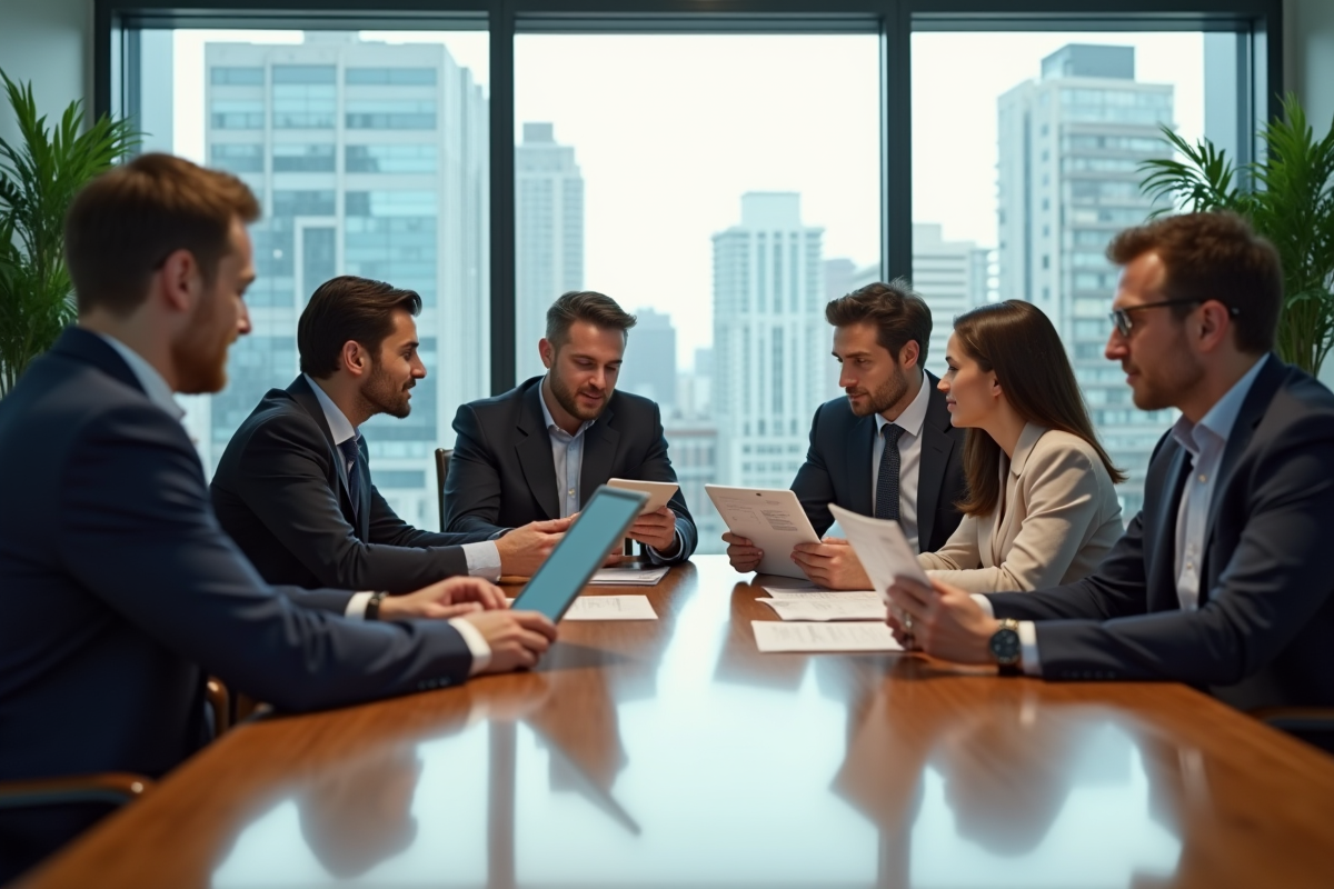 Groupe de professionnels en réunion dans un bureau moderne