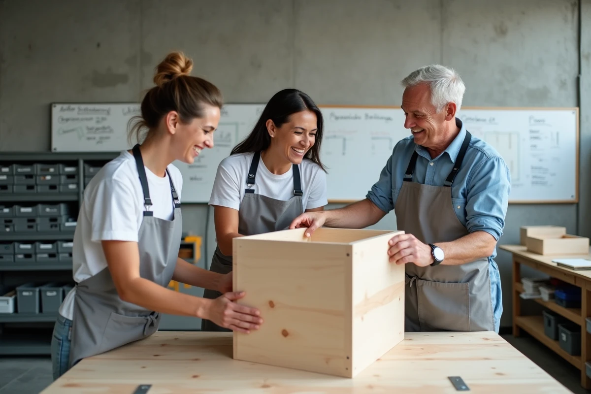 Groupe de stagiaires adultes en formation bricolage CPF assemblant un meuble en bois dans un centre de formation professionnelle