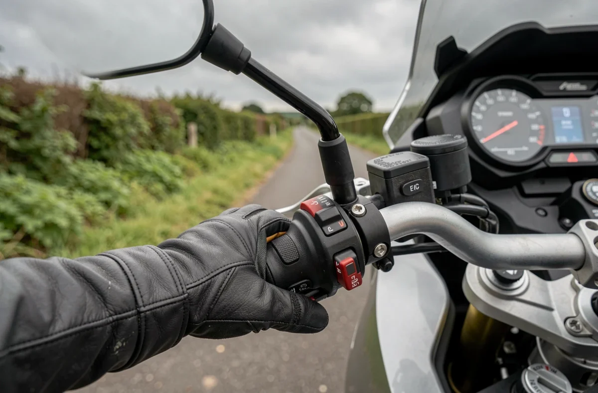 Gros plan sur le guidon et le tableau de bord d'une moto A2 avec une main gantée sur la poignée d'accélérateur