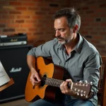 Guitariste adulte étudiant une tablature fingerstyle de Let It Be des Beatles dans un studio à domicile vintage