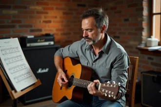 Guitariste adulte étudiant une tablature fingerstyle de Let It Be des Beatles dans un studio à domicile vintage