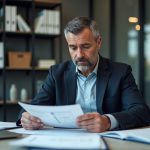 Homme d'affaires analysant des états financiers dans un bureau moderne