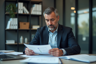 Homme d'affaires analysant des états financiers dans un bureau moderne