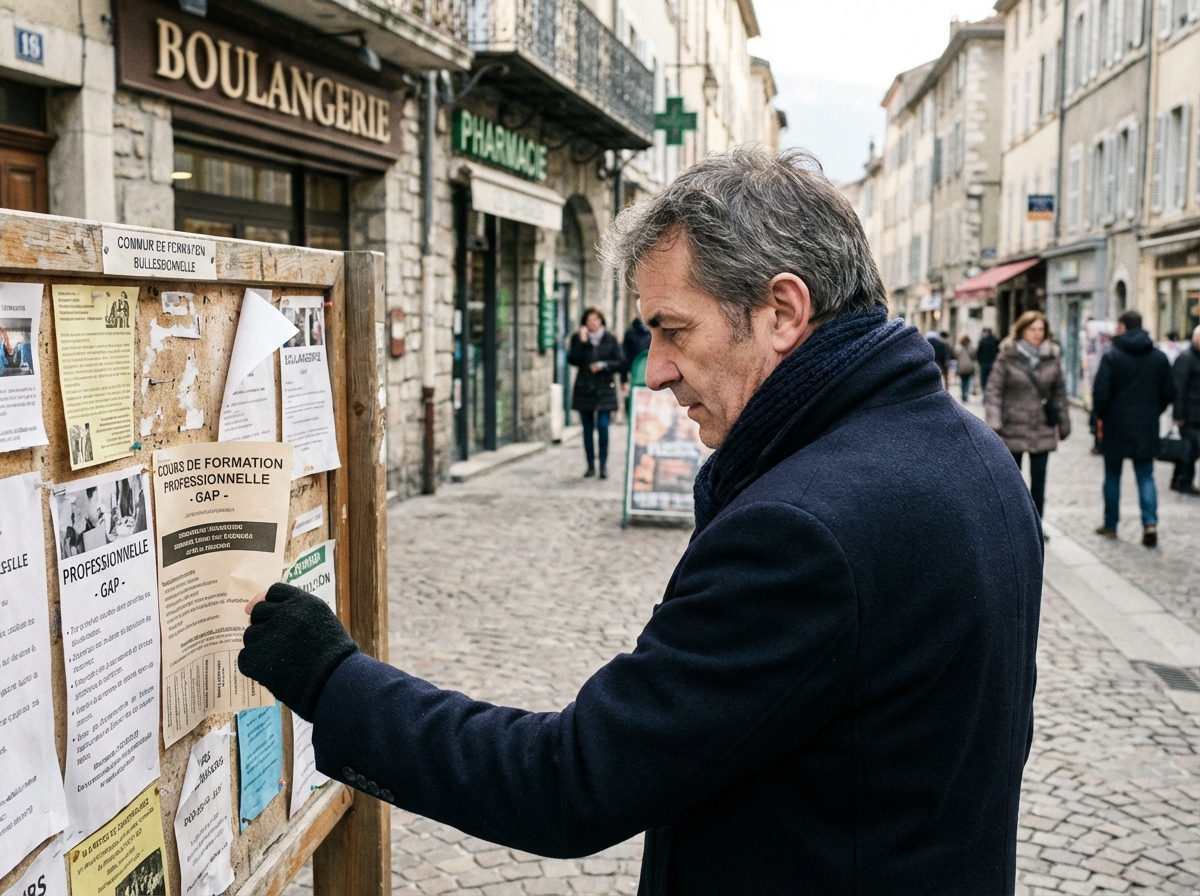 Homme regardant des flyers de formations dans la rue