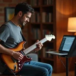 Homme apprenant la guitare électrique à domicile grâce à un cours de guitare en ligne sur ordinateur portable