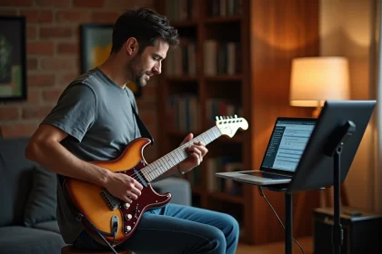 Homme apprenant la guitare électrique à domicile grâce à un cours de guitare en ligne sur ordinateur portable