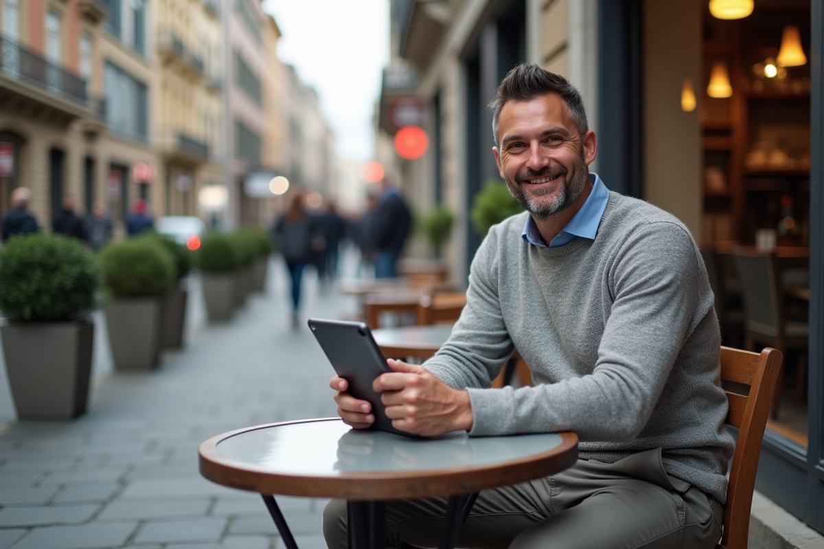 Homme au café tenant une tablette avec badge professionnel