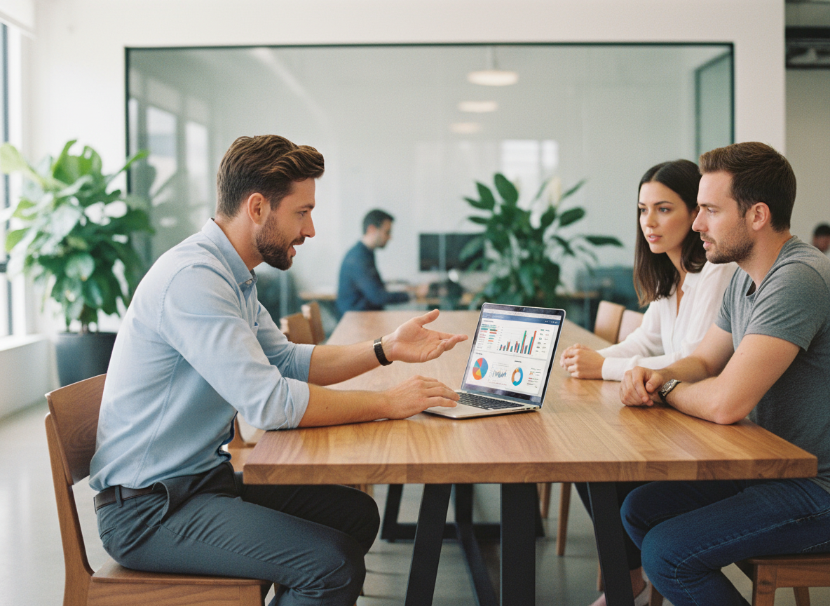 Homme en smart casual expliquant un tableau de paie en coworking