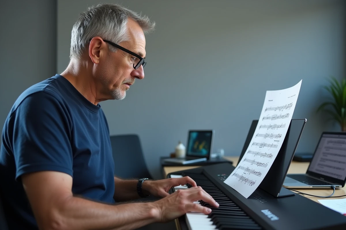 Homme débutant apprenant le piano seul avec partition et clavier numérique à domicile