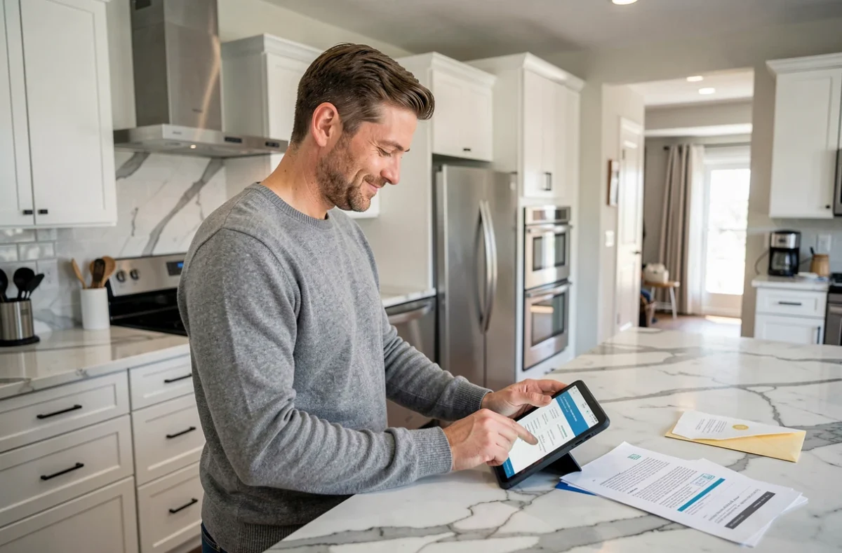 Homme consultant un portail administratif en ligne sur tablette dans une cuisine moderne