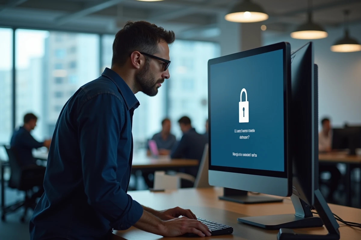 Homme au bureau face à un message d'erreur de connexion et un lien mot de passe oublié sur son écran