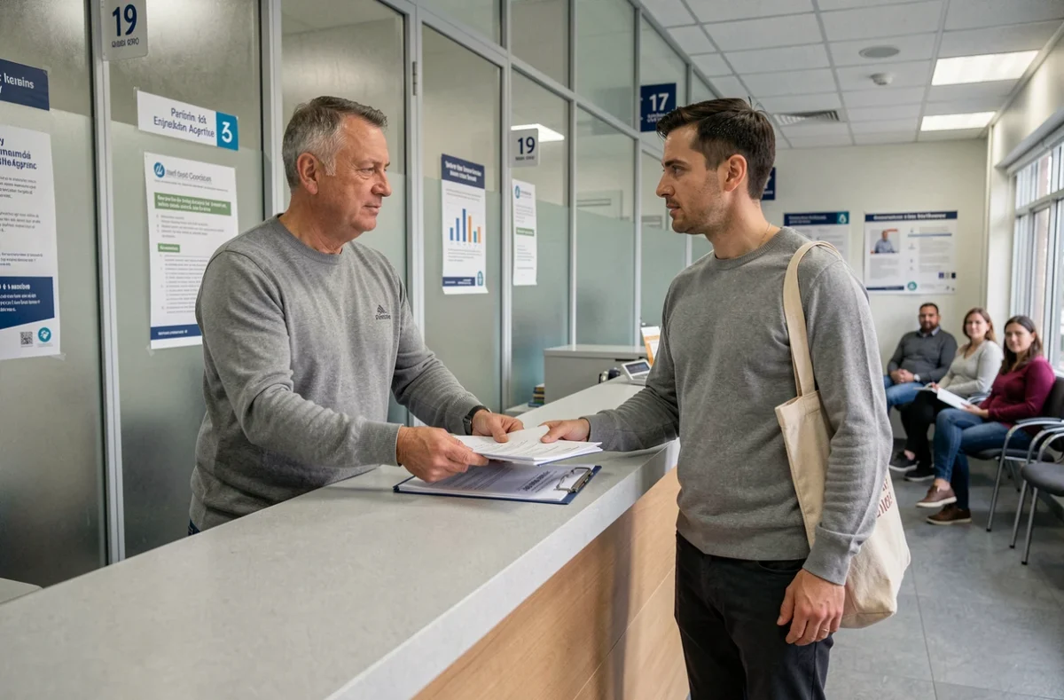 Homme remettant ses documents requis au guichet d'une agence Pôle emploi lors de son inscription
