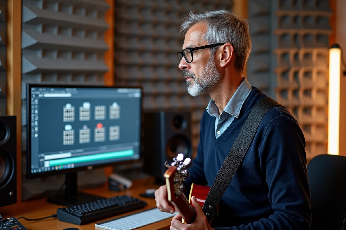 Homme adulte en home studio apprenant la guitare électrique avec un cours vidéo en ligne sur écran d'ordinateur