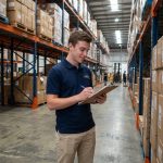 Jeune homme en polo vérifiant l'inventaire dans un entrepôt