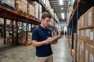 Jeune homme en polo vérifiant l'inventaire dans un entrepôt
