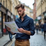 Homme lisant une carte de transport à Cambridge