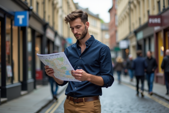 Homme lisant une carte de transport à Cambridge