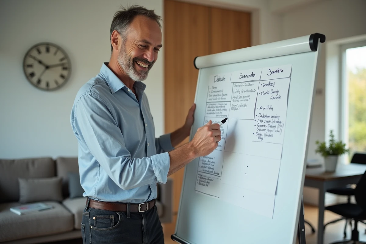 Homme souriant planifiant son emploi du temps à la maison