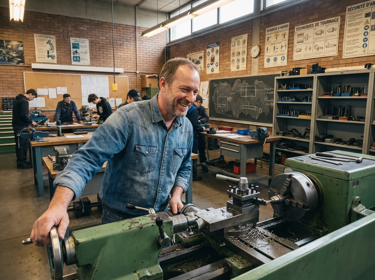 Homme souriant manipulant une machine dans un atelier de formation