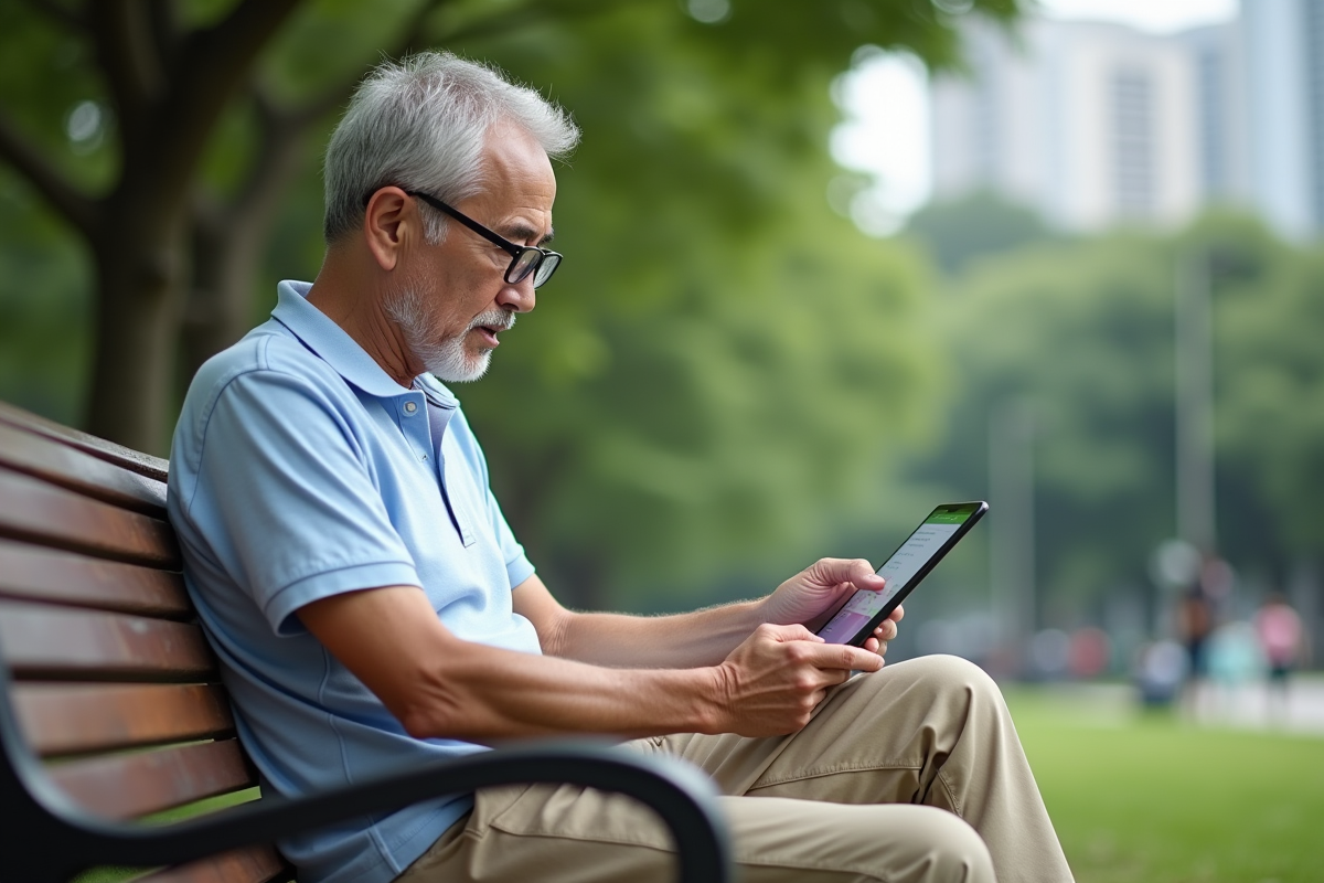 Homme de 55 ans examine sa tablette dans un parc