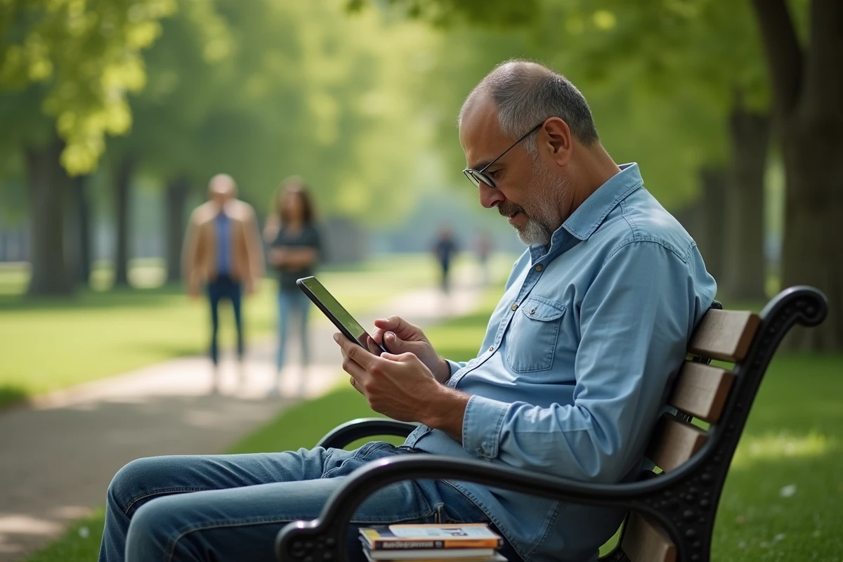 Homme pratiquant vocabulaire arabe en plein air sur un banc