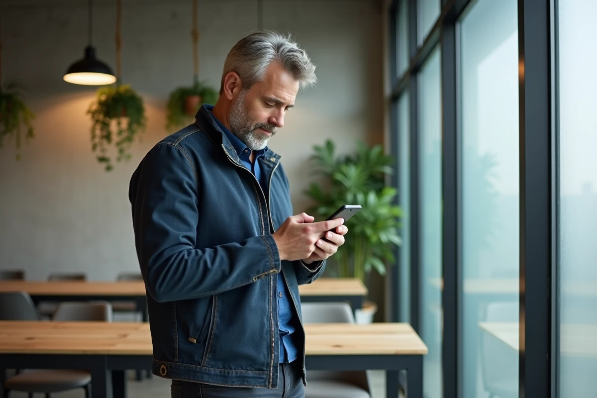 Homme consultant les réglages de l'extranet PSB sur mobile dans un espace de coworking