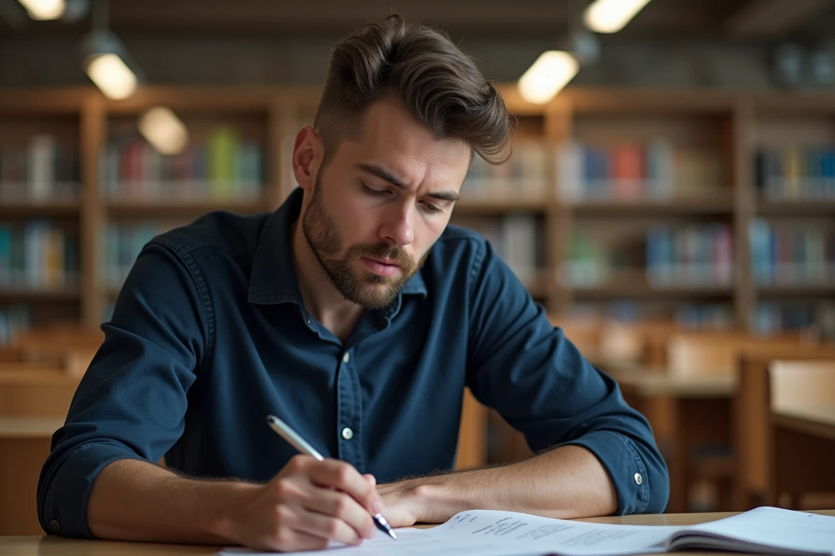 Homme adulte réfléchissant à un test de QI imprimé dans une bibliothèque calme et studieuse