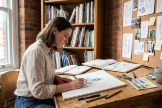 Jeune femme autodidacte dessinant des illustrations dans son studio à domicile, entourée de carnets de croquis et de références artistiques