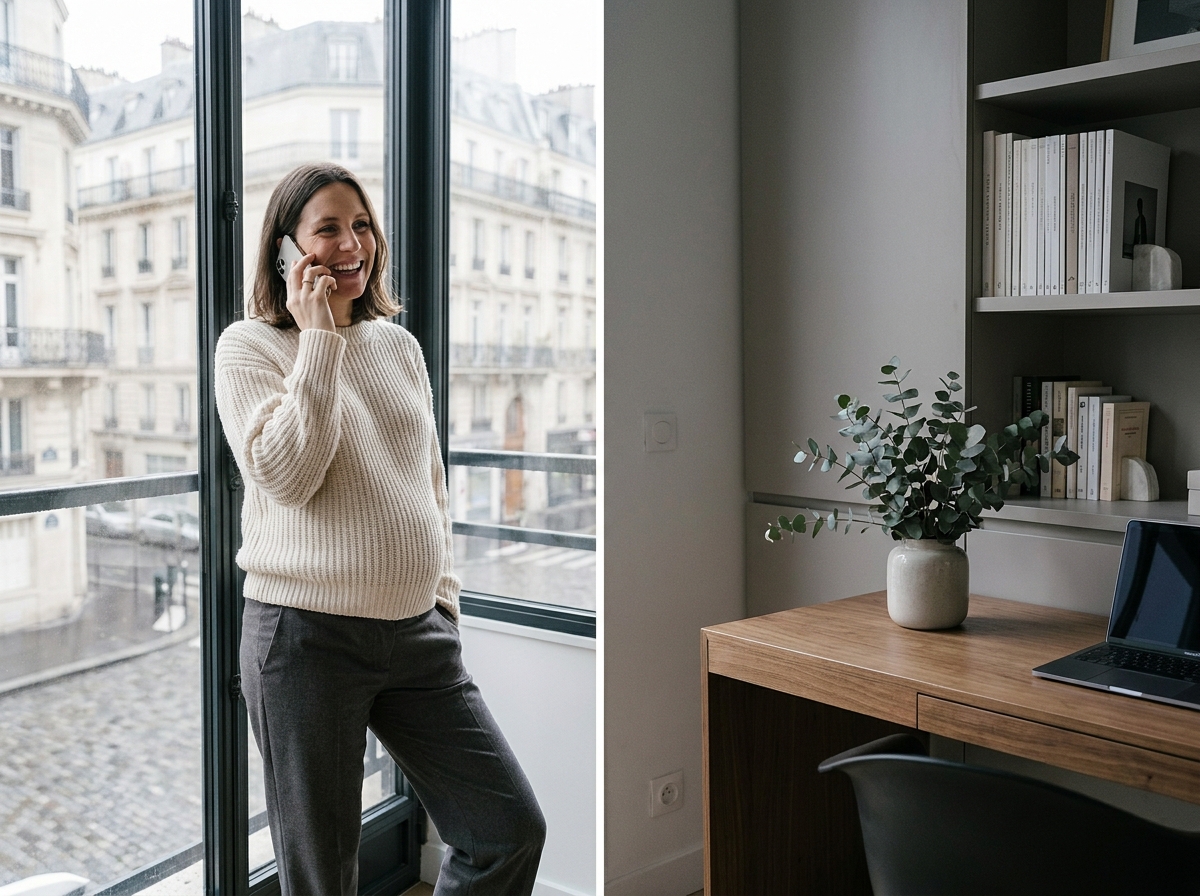 Femme enceinte indépendante en portage salarial passant un appel professionnel dans un appartement parisien avec vue sur façade haussmannienne