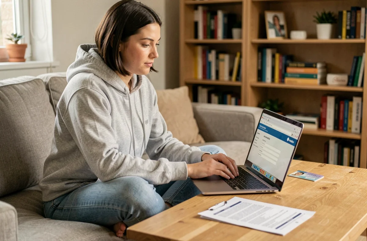 Jeune femme réunissant ses documents d'identité pour compléter son inscription en ligne à Pôle emploi depuis chez elle