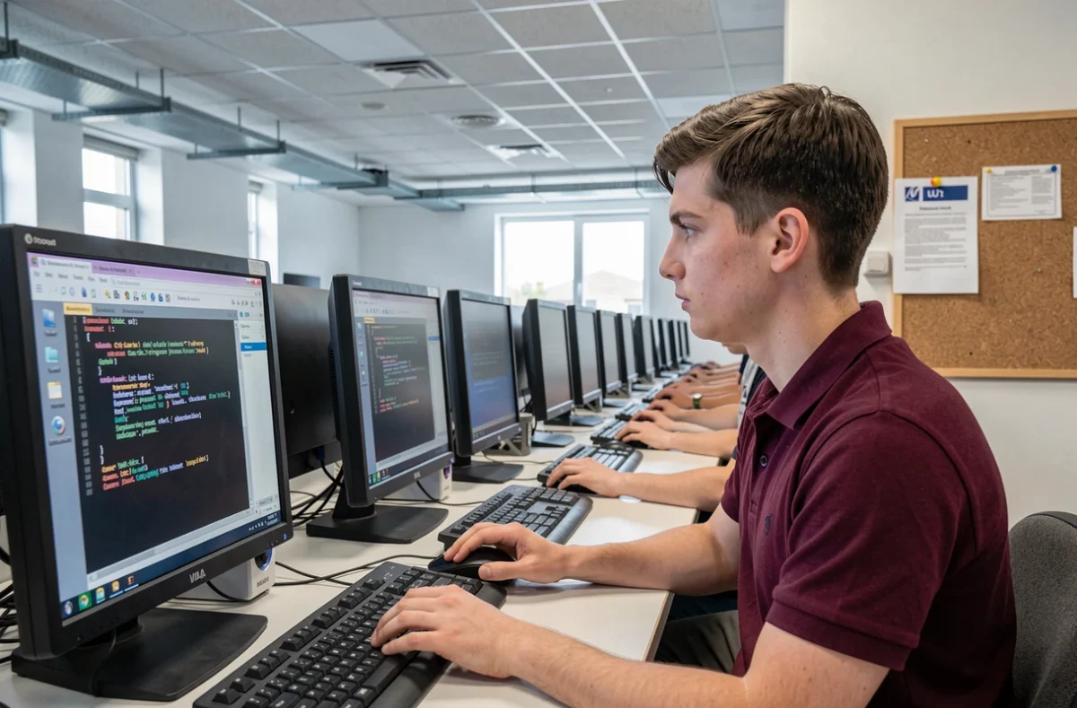 Étudiant du BUT Informatique de l'IUT de Bordeaux écrivant un script Linux sur un poste de travail universitaire