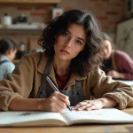 Jeune femme dessinant dans une classe d'art à Esaa Duperre