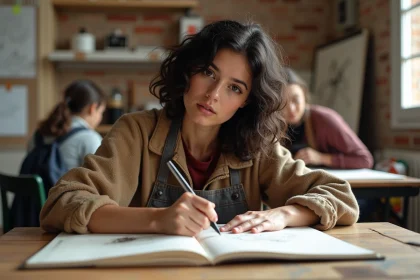 Jeune femme dessinant dans une classe d'art à Esaa Duperre