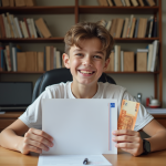 Jeune garçon souriant avec certificat et billet de 500 euros