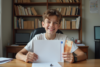 Jeune garçon souriant avec certificat et billet de 500 euros