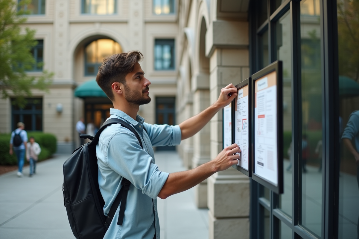Jeune homme accrochant un certificat sur un tableau d