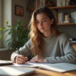 Jeune femme écrivant des verbes français dans un cahier lumineux