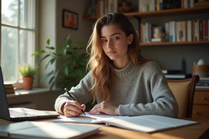 Jeune femme écrivant des verbes français dans un cahier lumineux